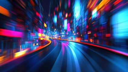 Obraz premium A vibrant, high-speed digital cityscape curves ahead, glowing with streaks of neon light and blurred, colorful architecture
