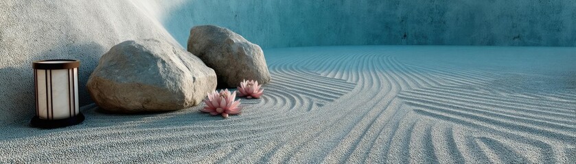 Raked sand patterns in tranquility with lantern and lotus concept. A serene setting with rocks and a lantern on raked sand.