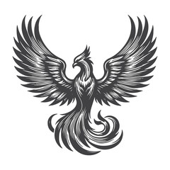 Fototapeta premium Vintage Hand-Drawn Phoenix Flying Front View Illustration – Mythical Engraved Style Vector for T-Shirts, Posters, Stickers, and Fantasy Apparel