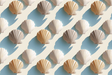 Elegant arrangement of seashells against a blue background showcasing intricate patterns and shadows at sunset