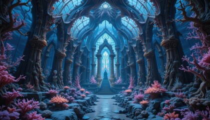 Obraz premium A surreal underwater cathedral made of coral and glass