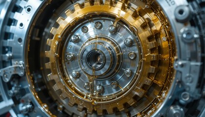 Fototapeta premium Industrial gear mechanism close-up mechanical components technology manufacturing environment macro view precision engineering