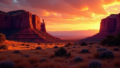 Fototapeta premium Crimson, ochre, and burnt orange hues paint the Sedona mesas at sunset , red, geology