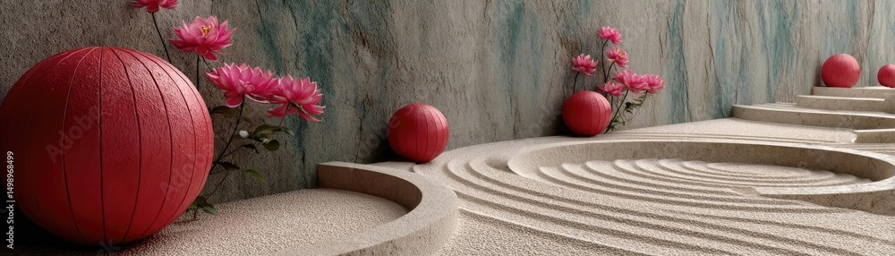 Poster Raked sand patterns in tranquility with lantern and lotus concept. A serene garden scene with red elements and calming sand patterns.
