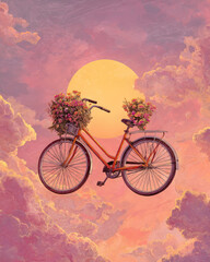 Fototapeta premium A bicycle with flower-filled wheels parked mid-ride against a charming, nature-inspired backdrop