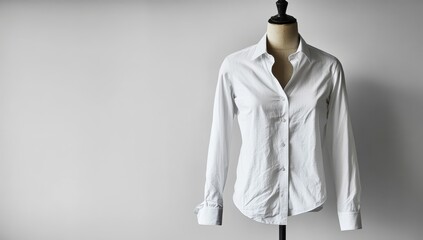 A pristine white long-sleeved button-down shirt displayed on a simple, dark mannequin against a neutral backdrop