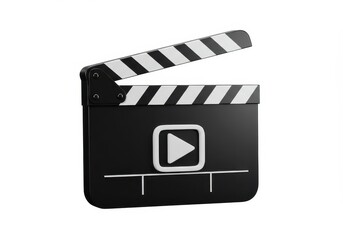 3D Illustration of Black and white clapperboard with play button isolated on white background