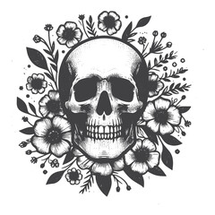 Obraz premium Vintage Hand-Drawn Skull with Flower Illustration – Retro Engraved Style Vector for T-Shirts, Posters, Stickers, and Vintage Themes Apparel