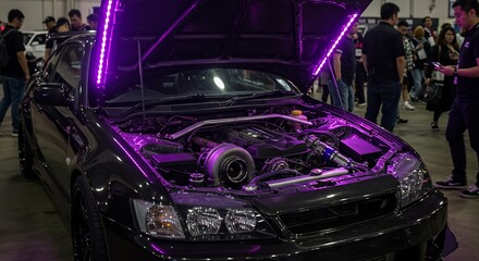 Tuned cars engine bay glows purple