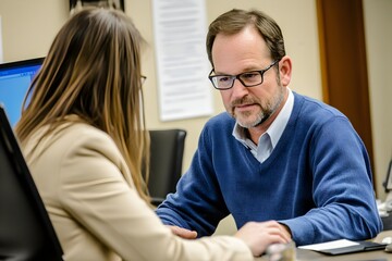 Two business professionals in a meeting discussing ideas and solutions for finance related company