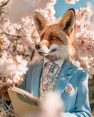 A confident fox in a pastel blue blazer and floral tie, showcasing bold style and personality
