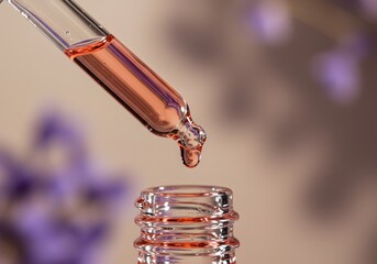 Close-up of dropper dispensing liquid into glass bottle, skincare, serum, beauty, cosmetic treatment.