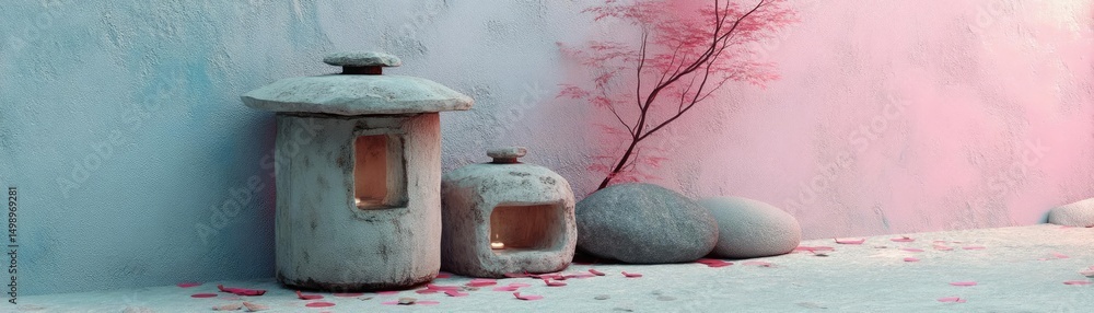 Poster tea pavilion with minimalism and rock by lantern concept. a serene space with traditional structures