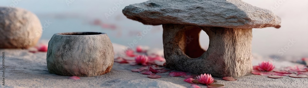 Poster Tea pavilion with minimalism and rock by lantern concept. A tranquil stone structure surrounded by blossoming petals.