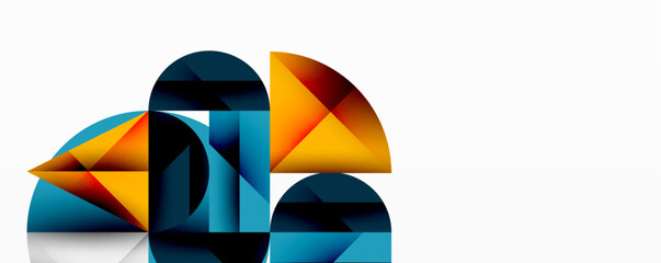 Abstract geometric shapes overlap, creating vibrant color blocks. Composition features blues, oranges, yellows, gradients. Minimalist design.