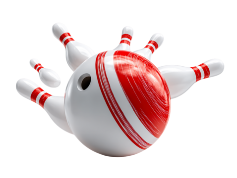 Dynamic Bowling Ball Striking Pins on Transparent Background, PNG