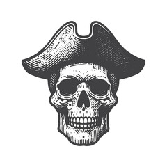 Vintage Hand-Drawn Skull with Pirate Hat Illustration – Nautical Engraved Style Vector for T-Shirts, Posters, Stickers, and Pirate Themes Apparel