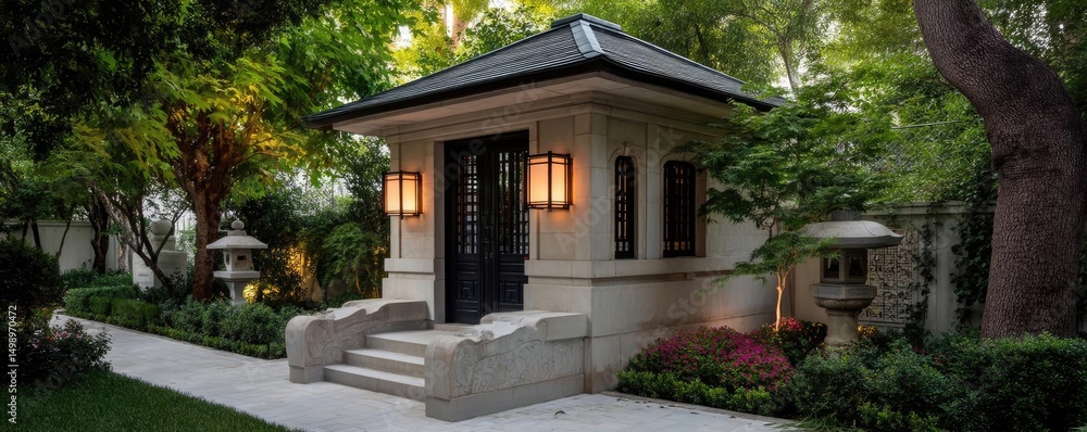 Aufkleber tea pavilion with minimalism and rock by lantern concept. beautiful garden house with elegant archit