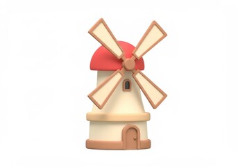 Isolated Cartoon Windmill with Red Roof and Beige Blades