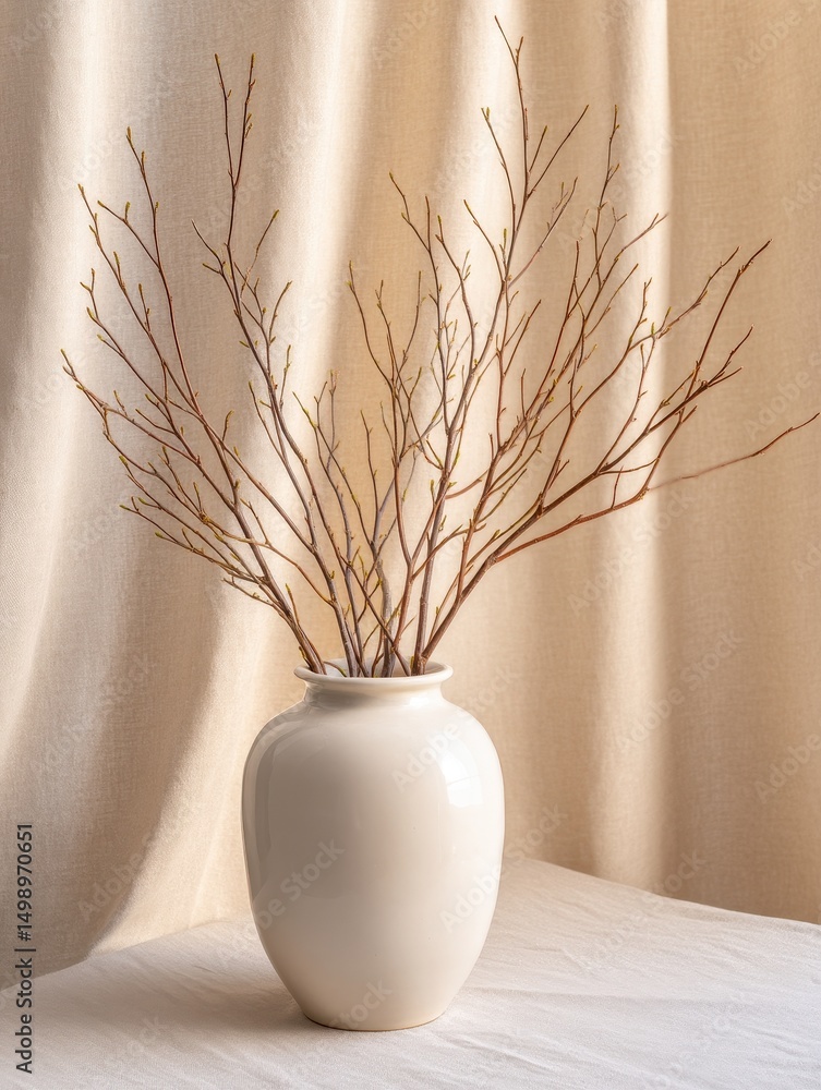 Poster elegant vase with bare branches against a soft fabric backdrop, creating a minimalist aesthetic
