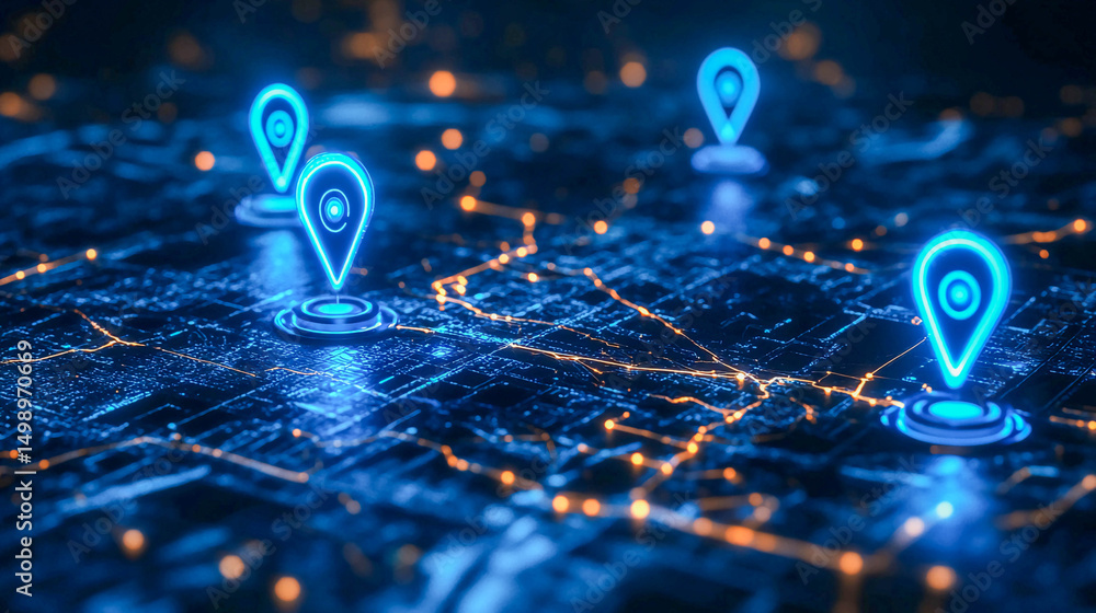 Aufkleber an abstract map with neon elements. on a dark background, there are glowing blue lines resembling ro