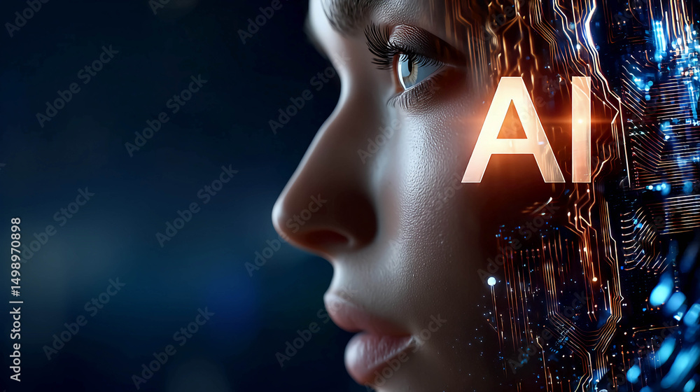 Poster a close-up of a woman's face in profile, partially obscured by the glowing inscription 