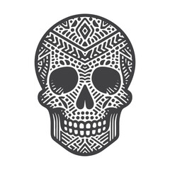 Vintage Hand-Drawn Skull with Tribal Patterns Illustration – Ethnic Engraved Style Vector for T-Shirts, Posters, Stickers, and Tattoo Themes Apparel