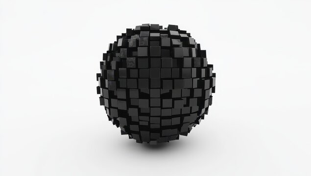 A dark sphere composed of numerous small, black cubes, subtly forming a face-like pattern against a stark white background