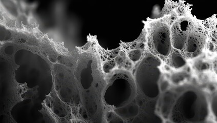 Intricate grayscale close-up of a porous, web-like structure resembling a skeletal framework or cellular tissue, with varying depths of field and shadowy recesses