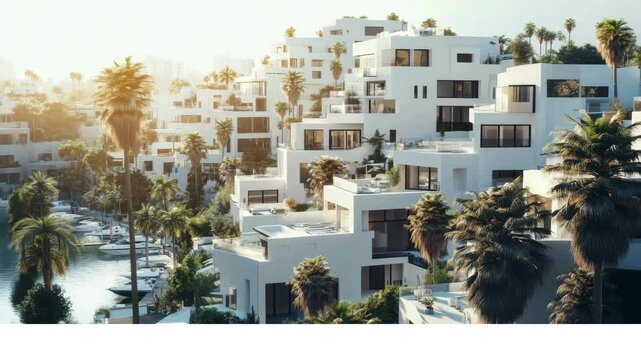 Bird's eye drone perspective, panoramic view of Gaza coast, digital concept design of modern resorts Project