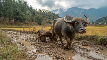 Water buffalo plowing rice paddy