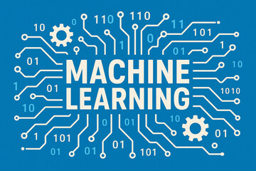 Machine learning text with binary code and circuit board design on a blue background