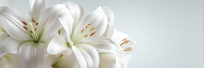 Fototapeta premium Bouquet of white lilies in close-up. Isolated on a bright background, the bloom brings purity, beauty, and grace to any decorative or greeting design