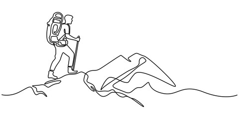 Continuous single one drawn line of the tourist character tourist with a backpack on a halt, Man climbs the mountains in one continuous line drawing. Traveler with backpack is hiking in simple linear.