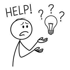 Stick figure person needing help with ideas. Vector cartoon illustration of problem-solving struggle and creative block.