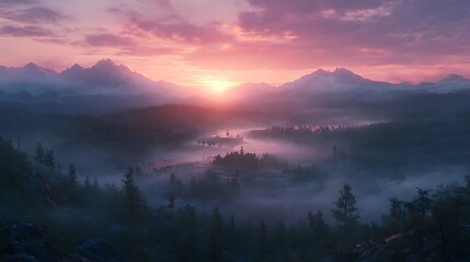 Fototapeta premium A serene landscape at dawn, with mountains, mist, and a river reflecting the sunrise.