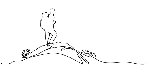 Continuous single one drawn line of the tourist character tourist with a backpack on a halt, Man climbs the mountains in one continuous line drawing. Traveler with backpack is hiking in simple linear.