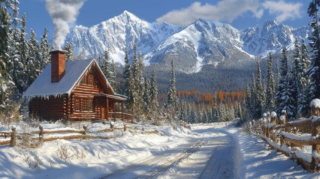 Snowy cabin nestled in mountains