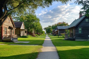 Fototapeta premium urban Chicago street lined with old wooden houses and green lawns