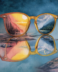 A pair of vintage glasses reflecting two different scenes, showcasing contrasting perspectives through the lenses