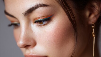 Fototapeta premium Close up of rainbow eyeliner and minimalist earring, neutral makeup palette