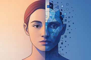 Digital human face split face human and robot artificial intelligence futuristic portrait technology concept blue and beige background polygonal design female face cybernetic art
