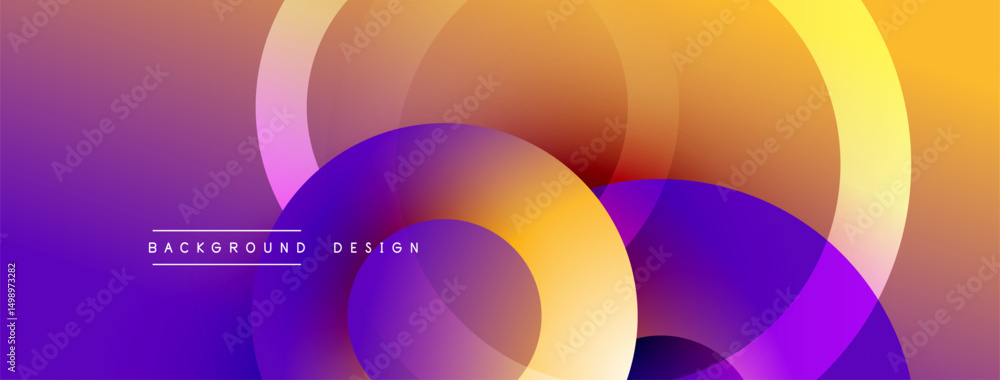 Poster Abstract fluid shapes blend vibrant purple, yellow hues. Overlapping circles create dynamic visual effect. Modern design element.