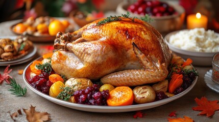 Roasted turkey Thanksgiving feast, autumnal setting, family dinner
