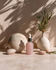 A pastel-toned beauty product scene featuring soft hues and elegant arrangements, exuding calm and sophistication