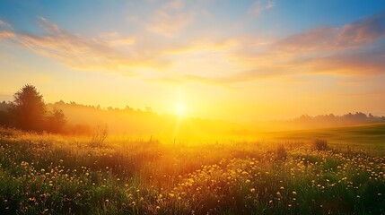Fototapeta premium A serene sunrise over a vibrant meadow filled with flowers and soft mist.