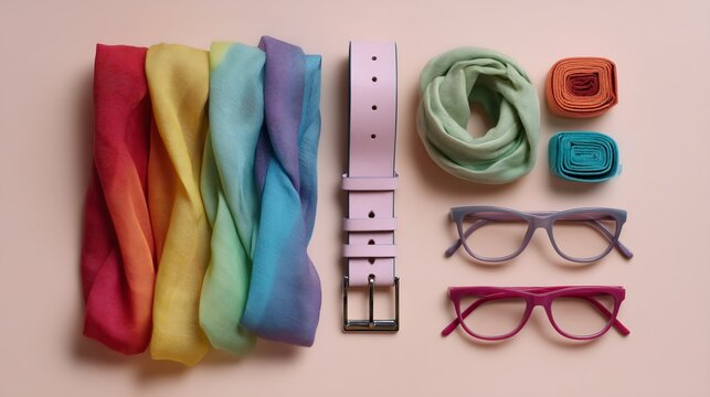 Flat lay of rainbow-colored fashion accessories like scarves, belts, glasses, on pastel background with copy space