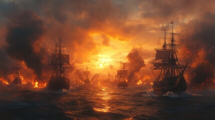 Sunset naval battle; burning ships, ocean, dramatic sky; game background