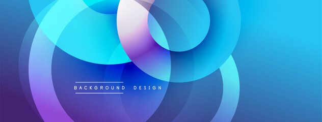 Abstract background features overlapping circles, vibrant blue, purple hues. Modern design creates dynamic visual effect. Smooth gradients present.