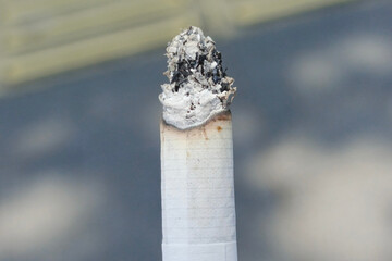 A close-up of a burnt cigarette with ash on top, against a blurred background.